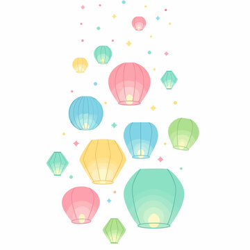 Whimsical floating arrangement of glowing pastel paper lanterns and sparkling lights.