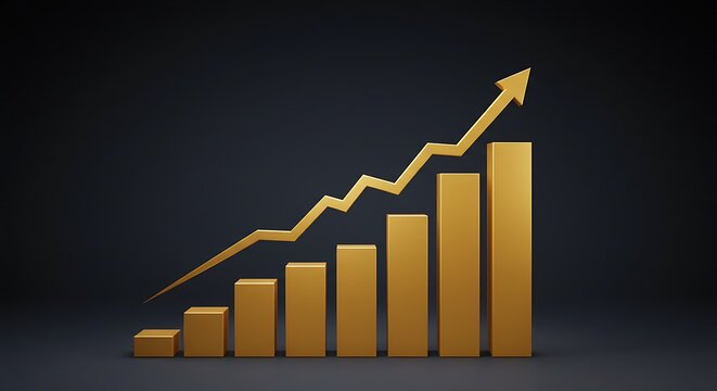 Golden bar chart with upward trend arrow isolated on black background - Powered by Adobe