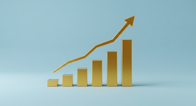 Golden bar chart with upward trend line 