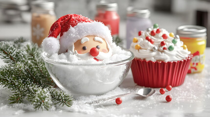 Christmas-themed tabletop setup with Santa figurine, festive bowl, and holiday decorations