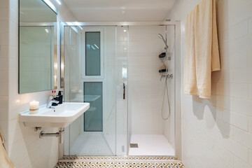 Modern bathroom interior in minimal scandinavian style, 3d render