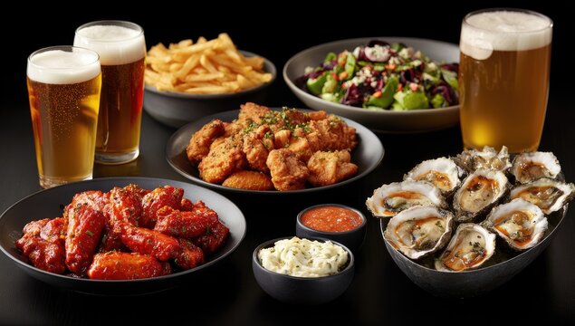 Assorted pub fare, including fries, fried chicken, wings, oysters, salad, and beers