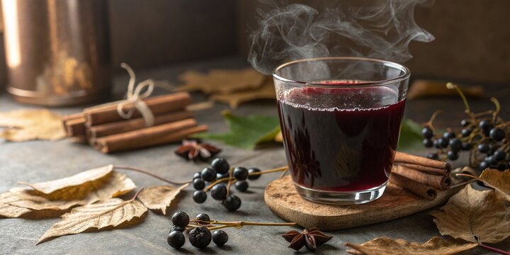 Hei&szlig;er Holundersaft im Glas mit Dampf und Zimt | Traditionelles Hausmittel f&uuml;r Herbst und Winter
