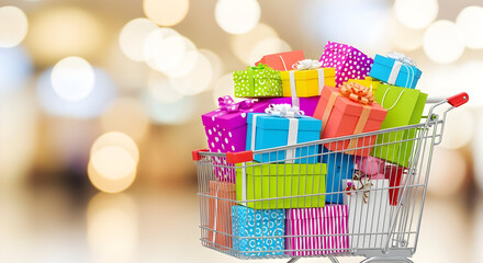 Shopping Cart Full of Colorful Gift Boxes with Bokeh Background