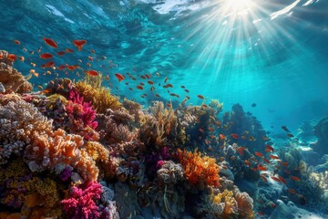 Fototapeta premium Colorful coral reef with tropical fish swimming under sunlit ocean surface in vibrant underwater marine ecosystem