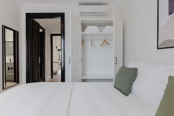 Modern luxury bedroom interior in minimal scandinavian style, 3d render