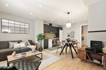Modern luxury apartment interior in minimal scandinavian style, 3d rendering
