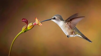 Fototapeta premium Purple-Bellied Hummingbird Feeding on Heliconia Bihai Flowers in Galapagos with Natural Light Low-Angle View 