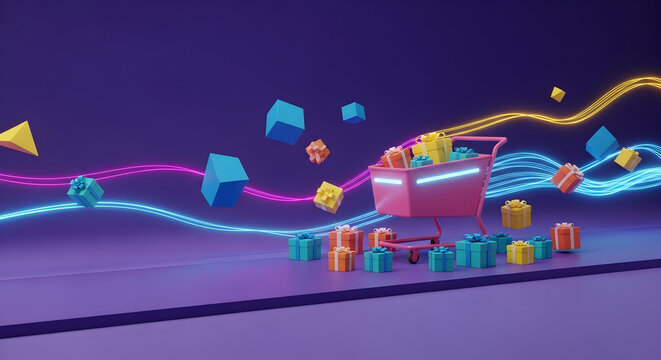 Neon Shopping Cart Filled with Wrapped Gifts and Floating Cubes on a Purple Background