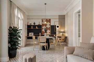 Modern luxury apartment interior in minimal scandinavian style, 3d rendering