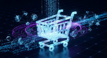 Glowing Shopping Cart Surrounded by Digital Data Flow