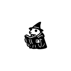 Simple black and white illustration of a wizard figure holding a book