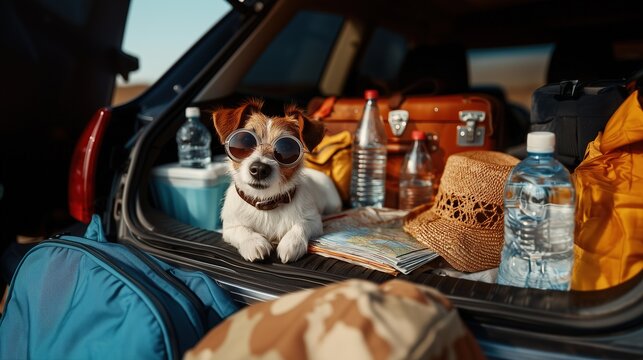 Jack Russell in car trunk with map, straw hat, water bottles & luggage
