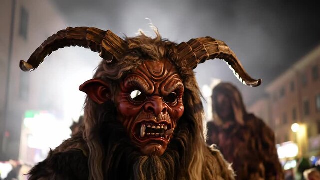 Terrifying Krampus mask with large horns in a night parade, showcasing the traditional alpine folklore during a winter festival