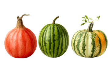 Variety of squash and melon on clear bg