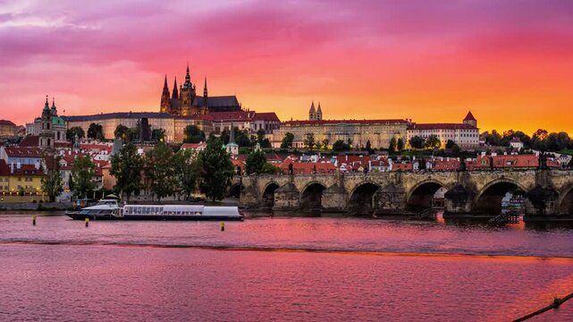 Panoramic view of prague castle and charles bridge at sunset in czech republic