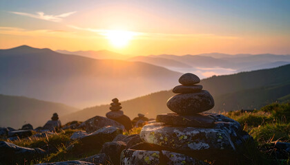 Stacked Stones on Mountain Peak at Sunset with Golden Light casting over Hazy Mountain Ridges