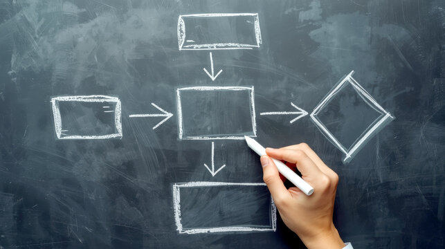 Business process and workflow concept. Businessman drawing flowcharts on chalkboard. hand using a piece of white chalk to draw a business flowchart on a dark grey chalkboard-like surface