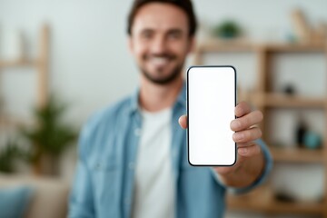 Smiling male entrepreneur presenting a smartphone with blank white screen for advertising, concept for mobile app promotion, digital marketing solution and user interface presentation