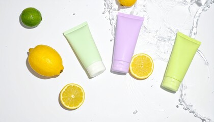 Tubes of cosmetic products and citrus fruits in water on white background