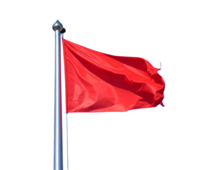 Dynamic Waving Red Flag on Shiny Metal Pole, Side Angle, Isolated