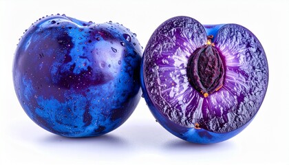 Two blue plums and half isolated on white background 