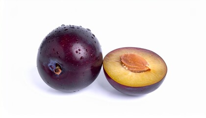 Two plums and half isolated on white background