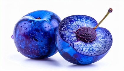 Two blue plums and half isolated on white background 