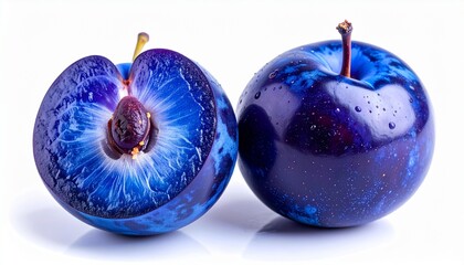 Two blue plums and half isolated on white background 
