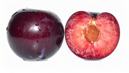 Two plums and half isolated on white background