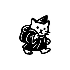 Cute black and white cartoon cat wearing a robe and conical hat, carrying a backpack, in a simple line art style
