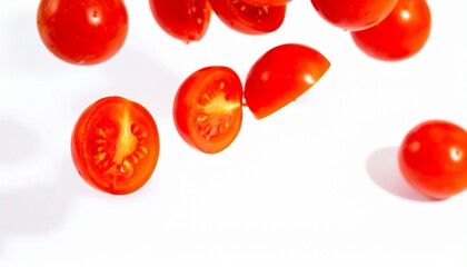 Whole and sliced fresh tomatoes in the air on a white background