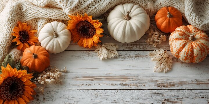 Colorful autumn scene with pumpkins, sunflowers, and blanket on white wooden background. Concept for thanksgiving decor, seasonal wallpaper and fall celebration