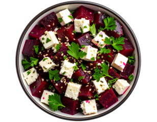  Bowl of Beetroot Salad with Crumbled Feta, Sesame Seeds, and Fresh Parsley, Top View, Isolated on Transparent Background