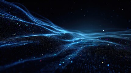 Flowing blue lines with colorful dots on dark background, cosmic-data fusion vector
