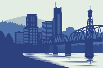 Obraz premium Portland skyline at twilight with the Willamette River still and reflective, framed by bridges and evening sky gradients, modern flat illustration style.