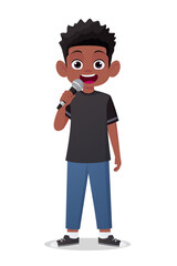 Cartoon Little Boy Singing Passionately with a Microphone Vector Illustration