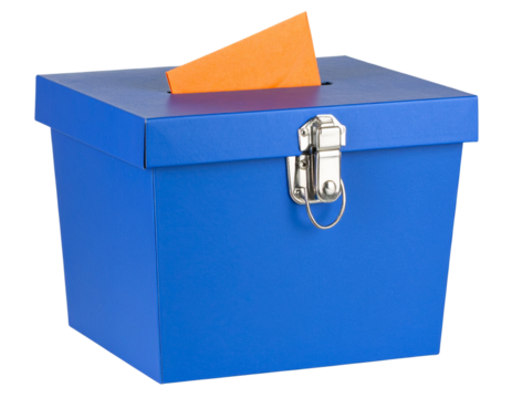  Blue Cube Ballot Box with Silver Clasp and Orange Ballot, Front View, Isolated PNG