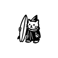 A stylized black and white illustration of a cat wearing a hooded robe and holding a surfboard