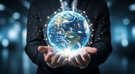 Businessman holding a glowing digital earth with interconnected data streams in his hands