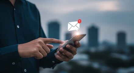 Man holding smartphone receiving new email notification with digital envelope icon glowing