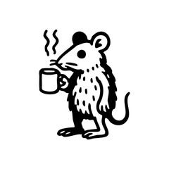 Black and white illustration of a mouse holding a steaming mug