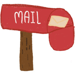 Red mailbox with white letters on white background