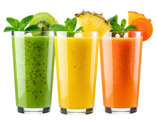 Three colorful smoothie glasses with fruit and vegetable ingredients, isolated on transparent background.