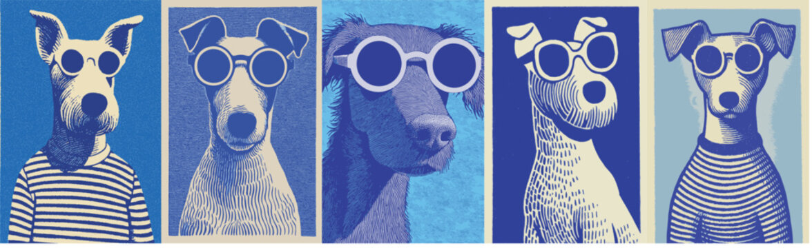 Blue illustration of cool dogs wearing summer sunglasses
