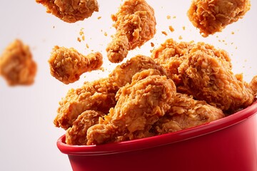 Crispy fried chicken overflowing from a red bucket with pieces in mid-air, concept for fast food promotion, takeaway menu and celebration treat