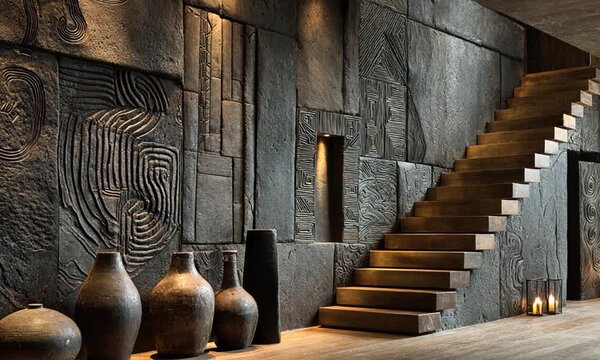 Ornate dark stone wall interior with wooden staircase and pottery on the wooden floor