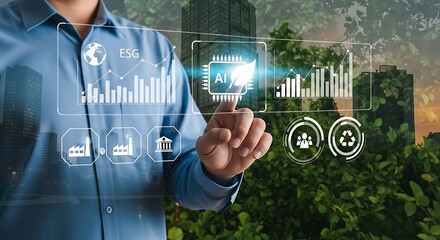 Man interacting with futuristic digital interface displaying charts and icons with green background