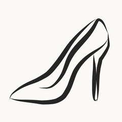 Ink Line Drawn High Heel Shoe Illustration. Sketch Contour Drawing Symbol Art. Vintage Brush Pen Silhouette Decoration Icon. Beauty Fashionable Modern Shop Store Card Invitation Element.