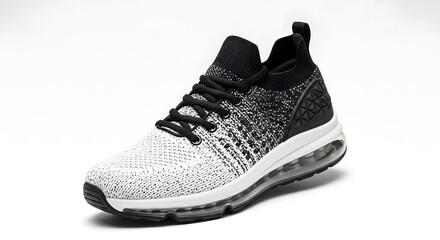Modern black and white knit athletic shoe with speckled design and visible air cushion sole